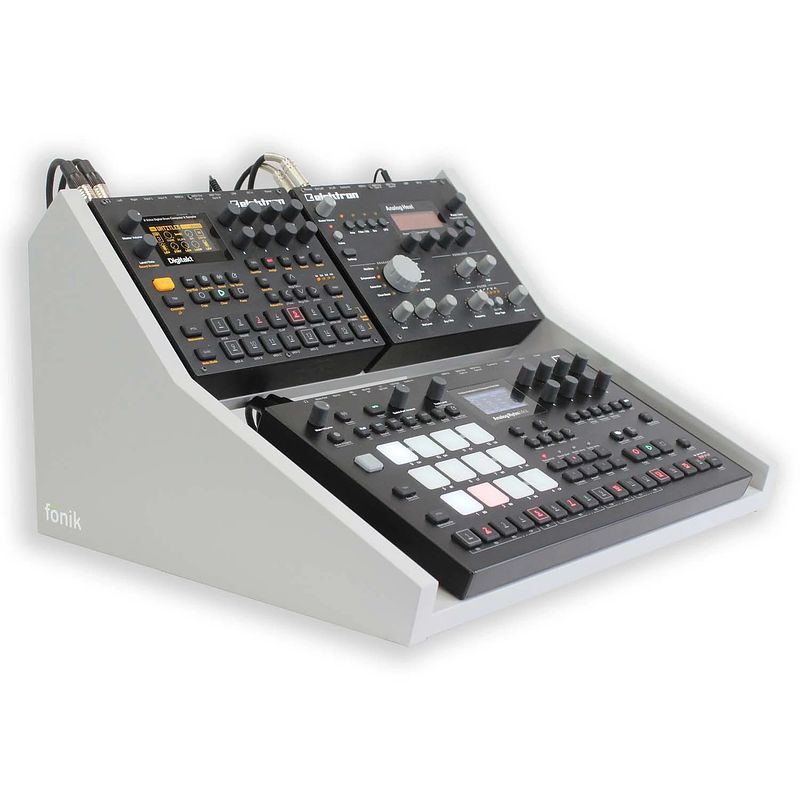 Foto van Fonik audio innovations original stand grey voor analog rytm/-four mkii + 1x digitakt/-tone + 1x analog