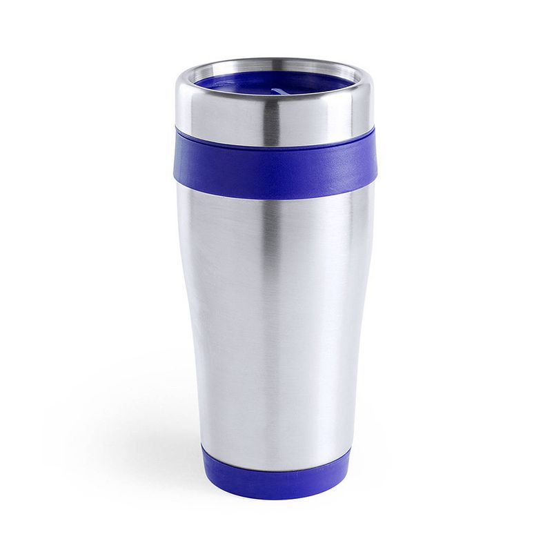 Foto van Warmhoudbeker/thermos isoleer koffiebeker/mok - rvs - zilver/blauw - 450 ml - thermosbeker