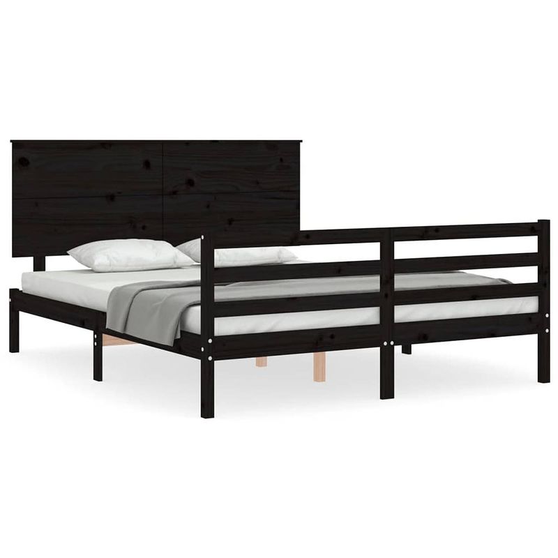 Foto van The living store bedframe massief grenenhout - zwart - 205.5 x 165.5 x 82.5 cm - multiplex lattenbodem - functioneel