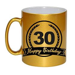 Foto van Happy birthday 30 years gouden cadeau mok / beker met wimpel 330 ml - feest mokken