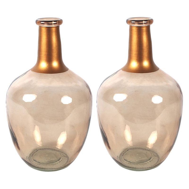 Foto van Bloemenvaas firm big bottle - 2x - beige transparant/koper - glas - d18 x h30 cm - vazen