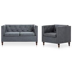 Foto van The living store chesterfield bankstel - grijs - houten frame - 2-zitsbank en fauteuil - 124 x 68 x 70 cm (b x d x h)