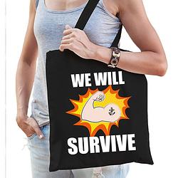 Foto van We will survive tas coronacrisis zwart voor dames - feest boodschappentassen