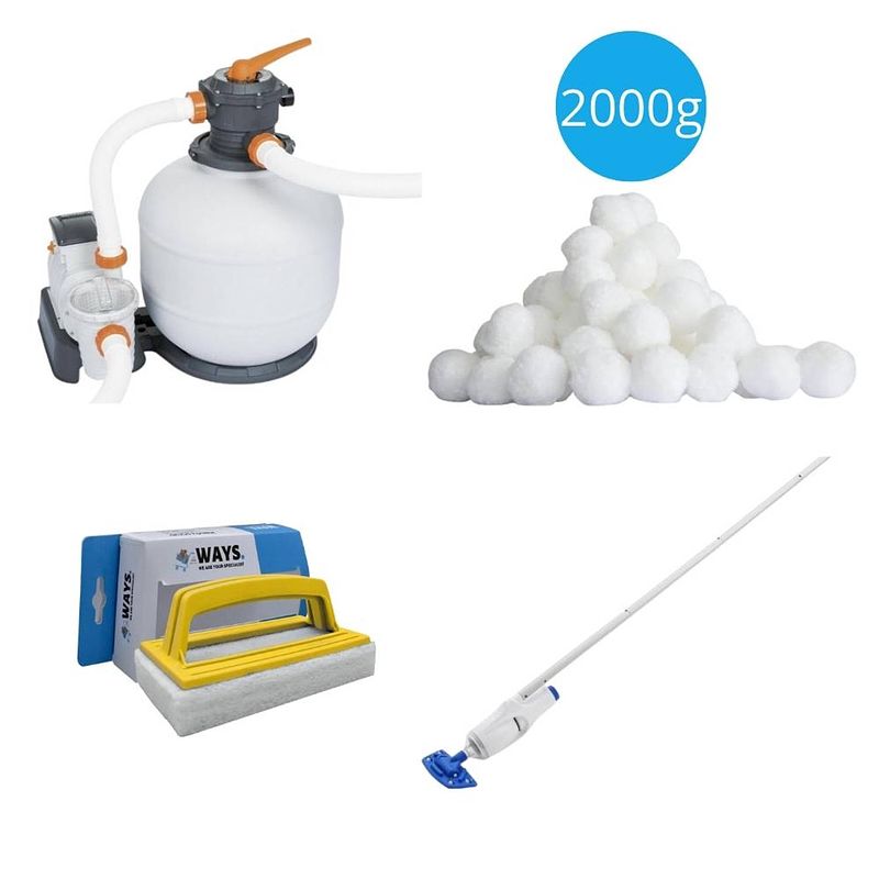 Foto van Bestway - zwembadstofzuiger aquareach & zandfilterpomp 8327 l/u & filterbollen 2000 g & ways scrubborstel