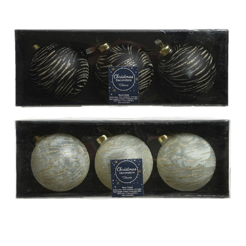 Foto van 6x stuks luxe glazen kerstballen brass zwart en wit 8 cm - kerstbal