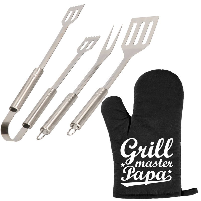 Foto van Barbecue/bbq gereedschap 3-delige set 33 cm van rvs met bbq handschoen grillmaster papa - barbecuegereedschapset