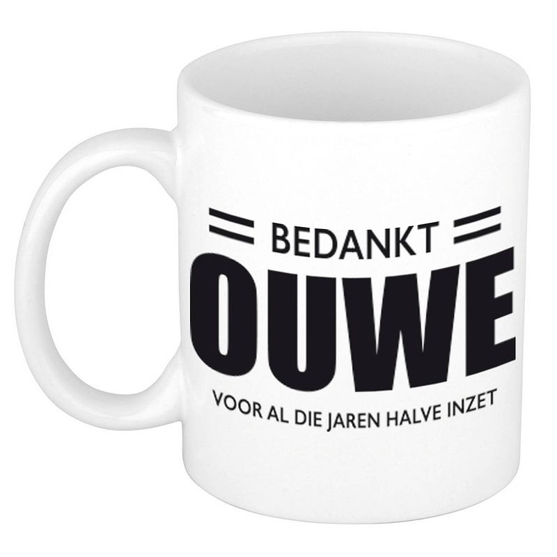 Foto van Bedankt ouwe voor de halve inzet pensioen mok / beker wit afscheidscadeau 300 ml - feest mokken