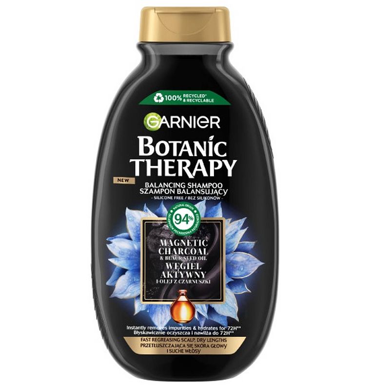 Foto van Botanic therapy balancing shampoo voor vet haar en een droge hoofdhuid geactiveerde houtskool en komijnolie 400ml