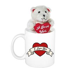 Foto van Valentijn cadeau i love you banner beker / mok 300 ml met beige knuffelbeertje met love hartje - feest mokken