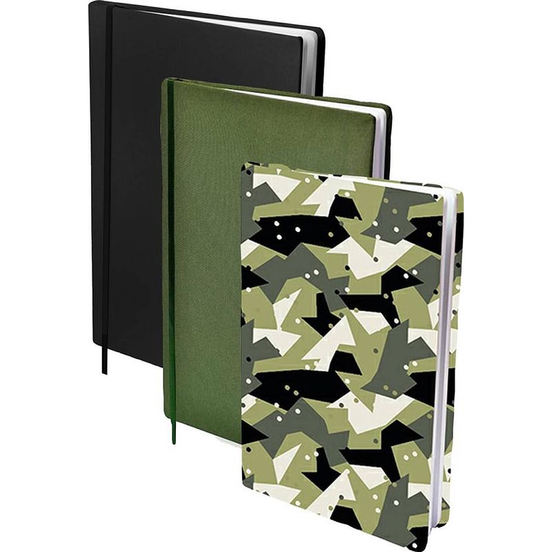 Foto van Assortiment rekbare boekenkaften a4 - 2x army dots - 2x zwart - 2x groen