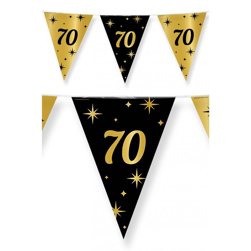 Foto van 3x stuks leeftijd verjaardag feest vlaggetjes 70 jaar geworden zwart/goud 10 meter - vlaggenlijnen