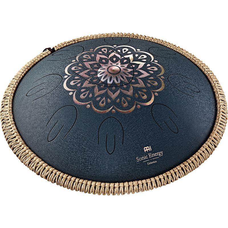 Foto van Meinl sonic energy octave steel navy blue floral tongue drum, 16 inch, d amara, 9 tonen