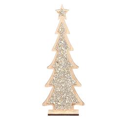 Foto van Kerstdecoratie houten kerstboom glitter zilver 35,5 cm decoratie kerstbomen - houten kerstbomen