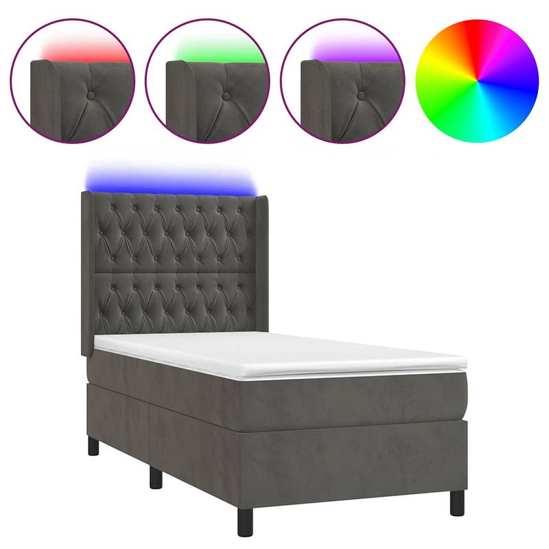 Foto van The living store bed boxspring - fluweel - pocketvering - led - 203x93x118/128 cm - donkergrijs