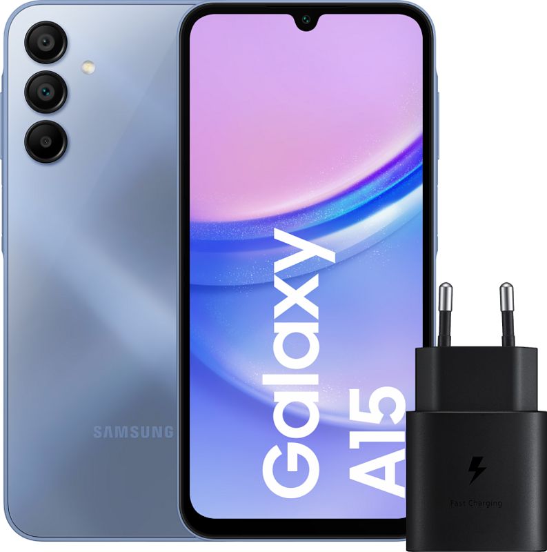 Foto van Samsung galaxy a15 128gb blauw 4g + samsung oplader 25 watt zwart