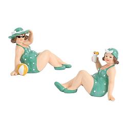 Foto van Woonkamer decoratie beeldjes set van 2 dikke dames - groen badpak - 17 cm - beeldjes