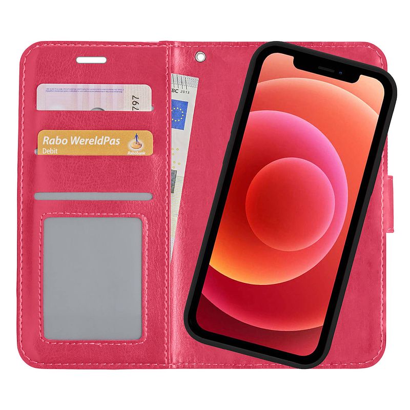 Foto van Basey iphone xs hoesje bookcase hoes 2-in-1 cover - iphone xs hoes 2-in-1 hoesje case - donker roze