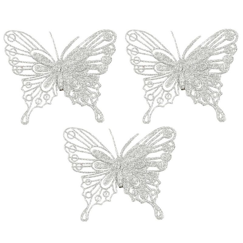 Foto van House of seasons kerst vlinders op clip - 3x st - zilver glitter - 10 cm - kersthangers