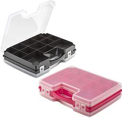 Foto van Forte plastics - 2x opberg vakjes doos/sorteerbox - 21-vaks kunststof - 28 x 21 x 6 cm - zwart/roze - opbergbox