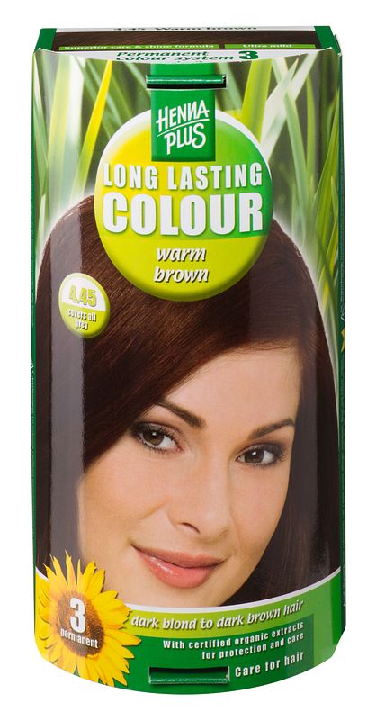 Foto van Hennaplus 4.45 warm brown long lasting colours 100ml