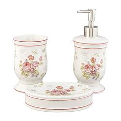 Foto van Clayre & eef badkamerset set van 3 ø 8*12 cm / ø 8*20 cm / 14*10*3 cm wit, roze keramiek rond bloemen badkamer