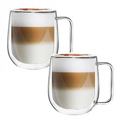 Foto van Luxe dubbelwandige theeglazen - cappuccinoglazen - koffieglas dubbelwandig - theeglas met oor- 300 ml - set van 2