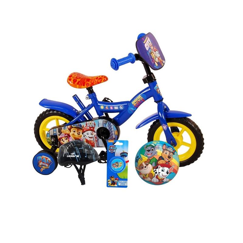 Foto van Volare kinderfiets paw patrol - 10 inch - blauw - doortrapper - inclusief fietshelm en accessoires