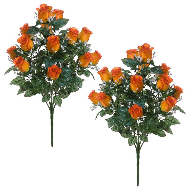 Foto van Louis maes kunstbloemen boeket rozen/gipskruid - 2x - oranje - h56 cm - bloemstuk - bladgroen - kunstbloemen