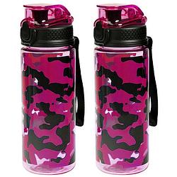 Foto van 2x sport bidon drinkfles/waterfles camouflage print roze 600 ml - drinkflessen