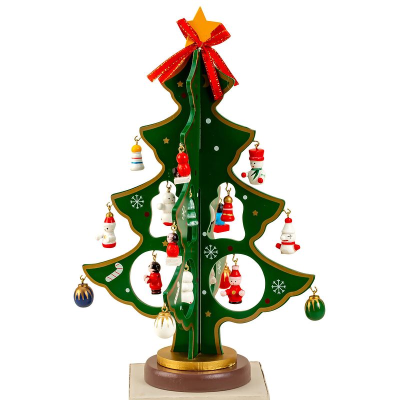 Foto van Iko - kleine decoratie kerstboomp - met ornamenten - hout - 25 cm - houten kerstbomen