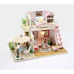 Foto van Ikonka diy modelbouw poppenhuis twee verdiepingen led 19,5 cm - pink loft miniatuurhuisje - bouwpakket