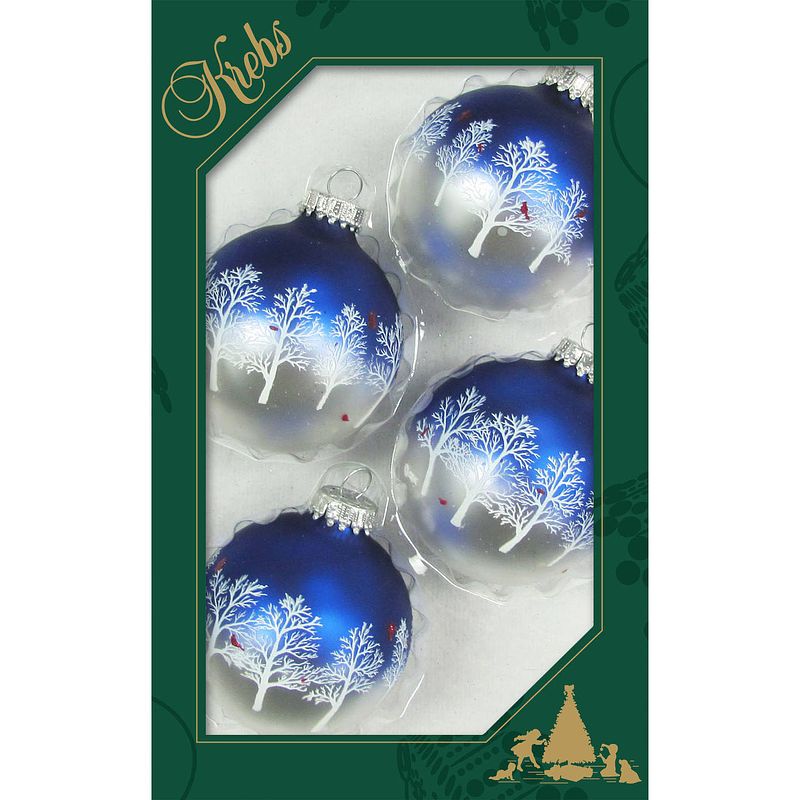 Foto van 8x stuks luxe glazen kerstballen 7 cm blauw/zilver met bomen - kerstbal