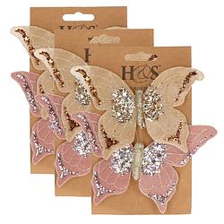 Foto van 6x stuks kunststof decoratie vlinders op clip roze en beige 10 x 15 cm - kunstbloemen