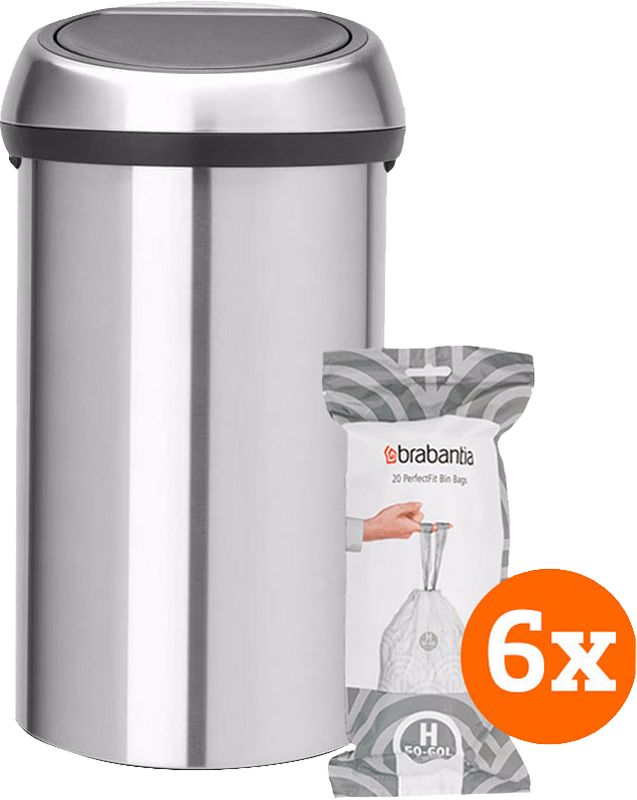 Foto van Brabantia touch bin 60 liter rvs fingerprint proof  + vuilniszakken (120 stuks)