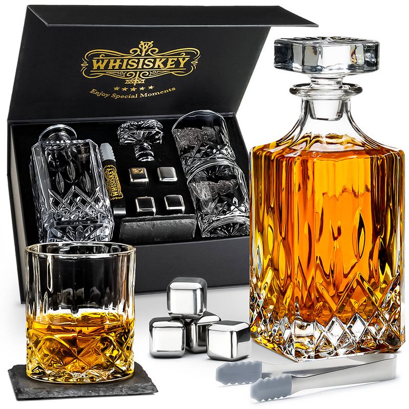 Foto van Whisiskey whiskey karaf - klassiek - whiskey glazen - whiskey karaf set - 0,9 l - decanteer set - incl. 2 tumbler glazen