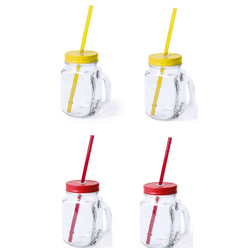 Foto van 4x stuks drink potjes van glas mason jar geel/rood 500 ml - drinkbekers