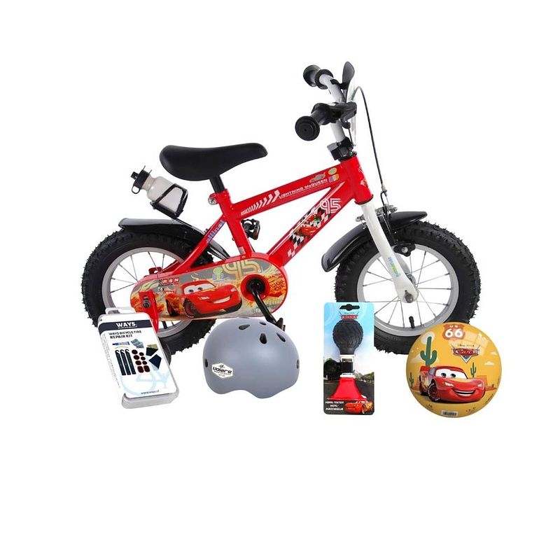 Foto van Volare kinderfiets disney cars - 12 inch - doortrapper - met bidonhouder - met fietshelm + accessoires