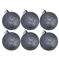 Foto van 6x stuks kunststof glitter kerstballen donkerblauw 8 cm - kerstbal