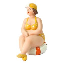 Foto van Home decoratie beeldje dikke dame zittend - geel badpak - 11 cm - beeldjes