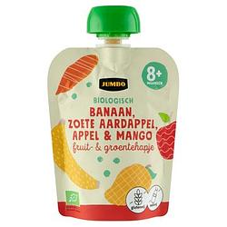 Foto van Jumbo biologisch fruit & groentehapje banaan, zoete aardappel, appel & mango 8+ maanden 90g