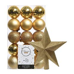 Foto van 30x stuks kunststof kerstballen 6 cm inclusief ster piek goud - kerstbal