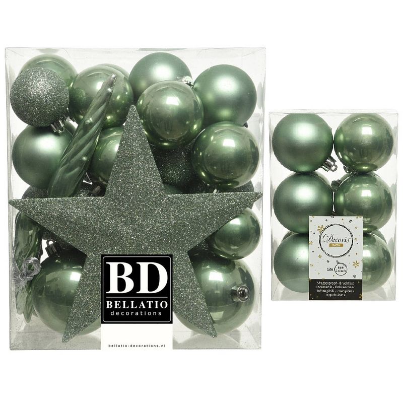 Foto van Kerstversiering kunststof kerstballen met piek salie groen 5-6-8 cm pakket van 45x stuks - kerstbal