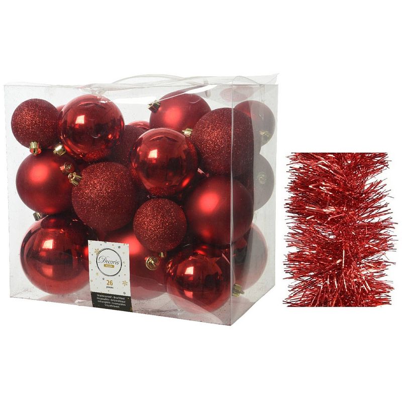 Foto van Kerstversiering kunststof kerstballen 6-8-10 cm met folieslingers pakket rood van 28x stuks - kerstbal