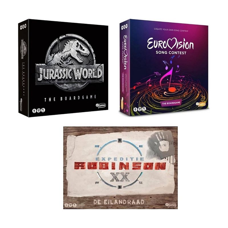 Foto van Spellenbundel - 3 stuks - jurassic world the boardgame & eurovisie songfestival spel & expeditie robinson de eilandraad