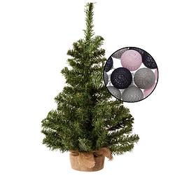 Foto van Mini kerstboom groen met verlichting - in jute zak - h60 cm - kleur mix grijs - kunstkerstboom