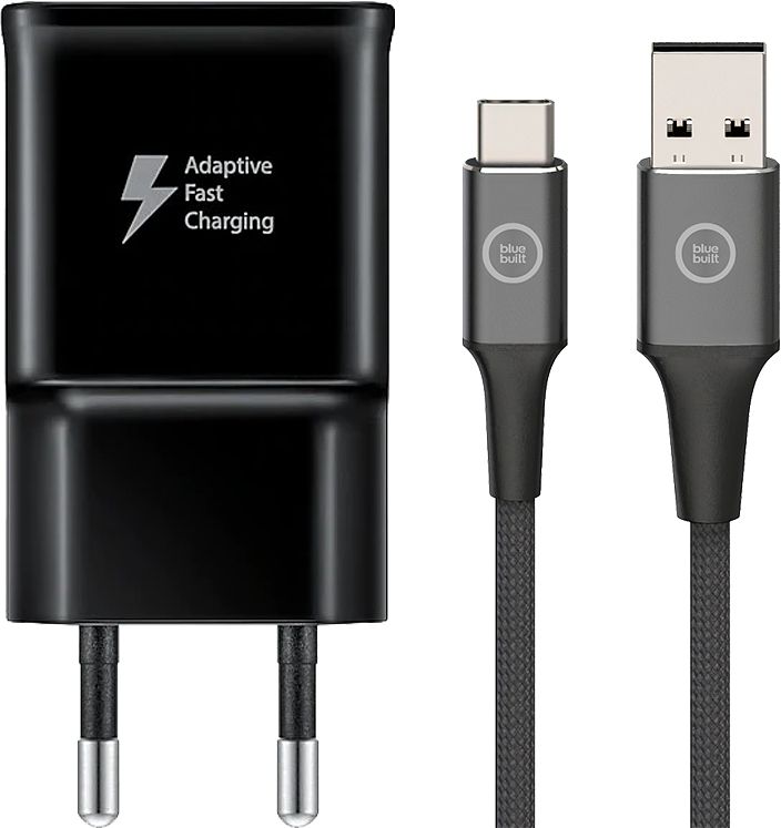 Foto van Samsung adaptive fast charging oplader 15w + bluebuilt usb c kabel 1,5m nylon zwart