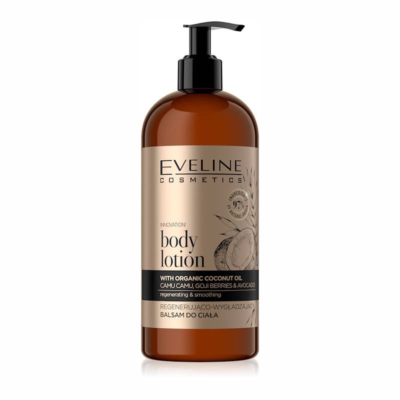 Foto van Eveline cosmetics organic gold regenerating - smoothing nourishing body lotion 500ml.