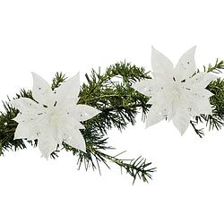 Foto van 2x stuks kerstboom decoratie bloemen wit glitter op clip 15 cm - kunstbloemen