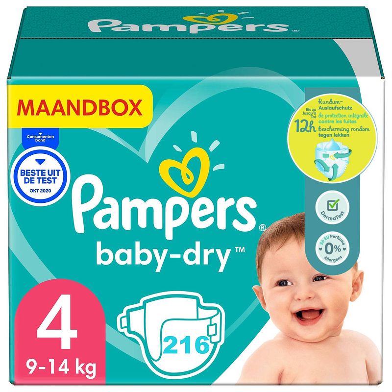 Foto van Pampers - baby dry - maat 4 - maandbox - 216 luiers - 9/14 kg