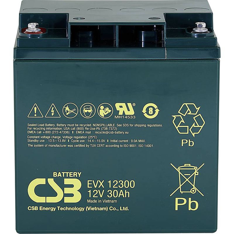 Foto van Csb battery evx 12300 loodaccu 12 v 30 ah loodvlies (agm) (b x h x d) 166 x 175 x 125 mm m5-schroefaansluiting cyclusbestendig, onderhoudsvrij, geringe